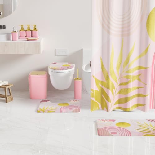 Bathroom Set - 27PC Bathroom Sets with Shower Curtain and Rugs, Pink Bathroom Set, Bathroom Accessory Set, Trash Can, Toilet Brush & 3 PC Soap Dispensers - color: Pink, size: Bath Set+Boho Shower Curtain+Bath Rugs