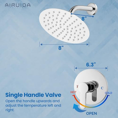 Airuida Shower Faucet Set,8 Inch Chrome Polish Shower Trim Kit | Round Rainfall Shower Head,Single Handle,Male Threads Rough-in Valve,Wall Mount Bathroom System - color: Chrome, size: 8 Inch