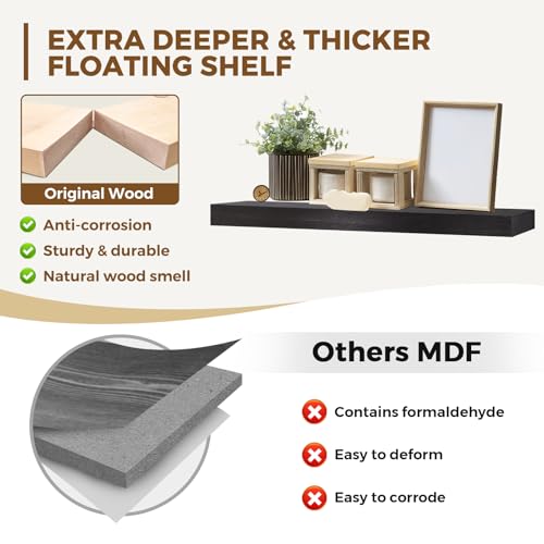 Solid Wood Floating Shelves, 36 Inch Wall Shelves, Set of 2, Black | 8 Inch Deep, 1.6 Inch Thick, Extra-Wide Display Space, Mounting Hardware Included, For Kitchen, Bathroom and Living Room - color: Black, size: 36x8x1.6