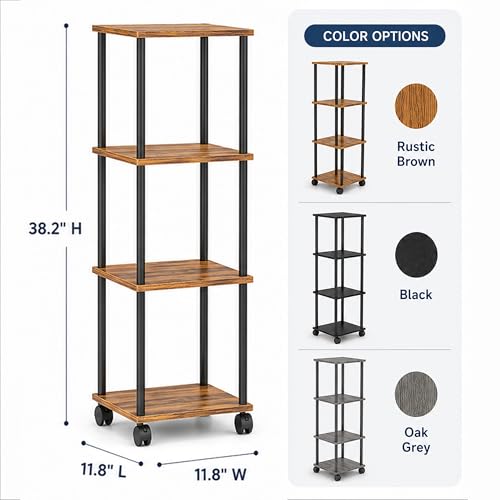 4-Tier 38.2" Tall Rustic Brown Bathroom Shelving Unit with Wheels | Wood Finish, Metal Frame, Rolling Narrow Open Shelf Design, for Laundry Room, Kitchen, Living Spaces, Easy to Move - color: Rustic Brown, size: 4-Tier