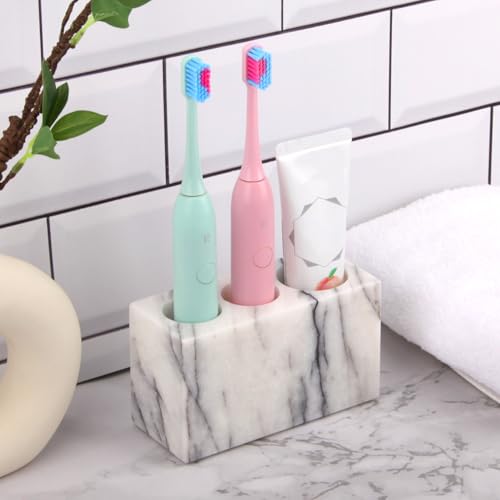 Natural Marble Toothbrush Holder, Lilac, 3 Slots | Large Bathroom Organizer Countertop, Ventilation Design, Stone Toothbrush and Toothpaste Stand, Non-Slip Silicone Pads - color: Lilac, size: 3 Slots