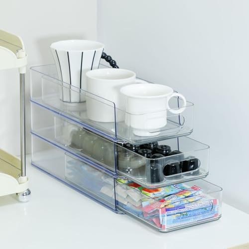 3 Tier Stackable Storage Drawer Organizer, Clear, Small | Plastic, Narrow Pull Out Container, For Under Sink, Corner, Kitchen Cabinet, Coffee bar, Pantry, Laundry, Countertop