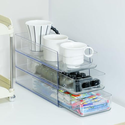 3 Tier Stackable Storage Drawer Organizer, Clear, Small | Plastic, Narrow Pull Out Container, For Under Sink, Corner, Kitchen Cabinet, Coffee bar, Pantry, Laundry, Countertop