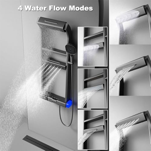 Shower Panel Tower Systems with Shelf,6 Functions Piano Key Design,Thermostatic Shower Set w/Adjustable Body Jets for Home (Grey) - color: Gray