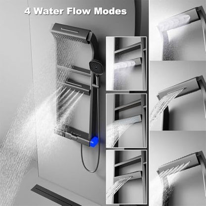 Shower Panel Tower Systems with Shelf,6 Functions Piano Key Design,Thermostatic Shower Set w/Adjustable Body Jets for Home (Grey) - color: Gray