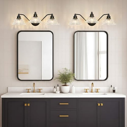 Redluck 3-Light Modern Bathroom Light Fixtures, Black Vanity Lights | Flower Glass Shade, Easy to Install, Rustproof Finish Wall Sconces Lighting for Bathroom Mirror, Living Room, Metal - color: Black
