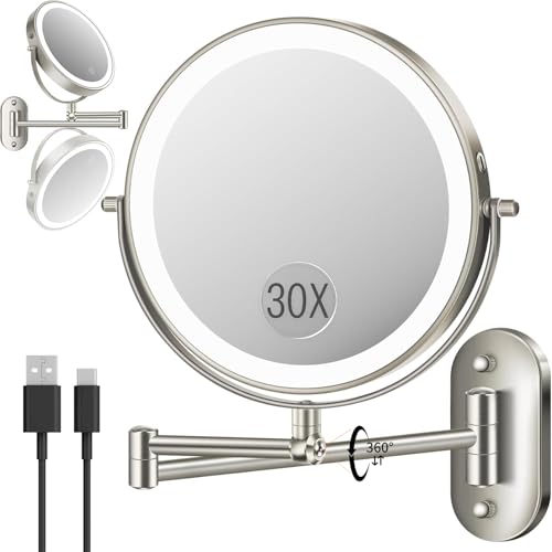 9'' 30X/1X Wall Mounted Height Adjustable Lighted Magnifying Makeup Mirror | 5000mAh Rechargeable Bathroom Mirror with 3 Color Modes Light, Extended Arm Space Saving for Apartment, Hotel, Rental House - color: Brushed Nickel