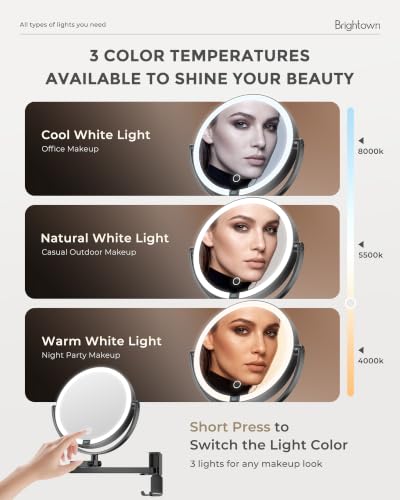 Brightown 8" Wall Mounted Makeup Mirror with Lights & Magnification 1X/10X | 4000mAh Rechargeable Dimmable Vanity Mirror, Extended Arm 360° Rotation, 3 Color Lights & Smart LED Digital Display, Black - color: Black