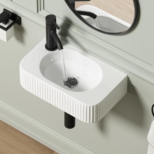 Wall Hung Bathroom Sink, QISHKA 17.5" X 11" Rectangular Floating Ceramic Wash Hand Basin White Wall Mount Vessel Sink for Small Bathroom and Small Cloakroom - size: 17.5" x 11" x 4.7"