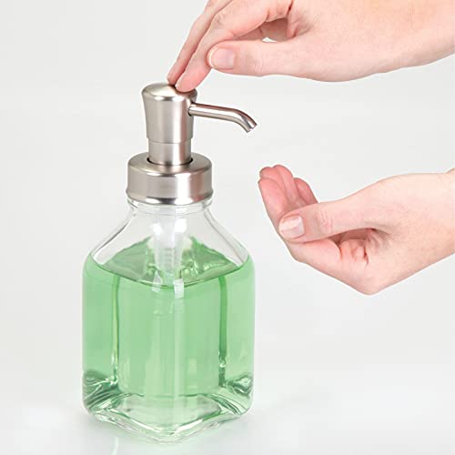 mDesign Square Glass Refillable Liquid Soap Dispenser Pump Bottle for Bathroom Vanity Countertop, Kitchen Sink - Holds Hand Soap, Dish Soap, Hand Sanitizer, Essential Oils - 2 Pack - Clear/Brushed - color: Clear/Brushed