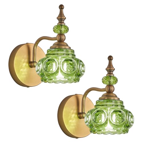 2-Pack Wall Sconces Green + Brass Bathroom Vanity Lighting Fixtures, Vintage Vanity Light Rust-Proof and Durable for Bedroom Living Room Hallway - color: Green, size: 1-Light (2-Pack)