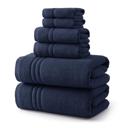 REDKISS Navy Towels Set 6 Piece Cotton Towel Sets with 2 Bath Towels, 2 Hand, 2 Washcloths, 650GSM Hotel Quality, Soft, Highly Absorbent Towels for Bathroom Gym, Ideal Everyday Use - color: Navy Blue