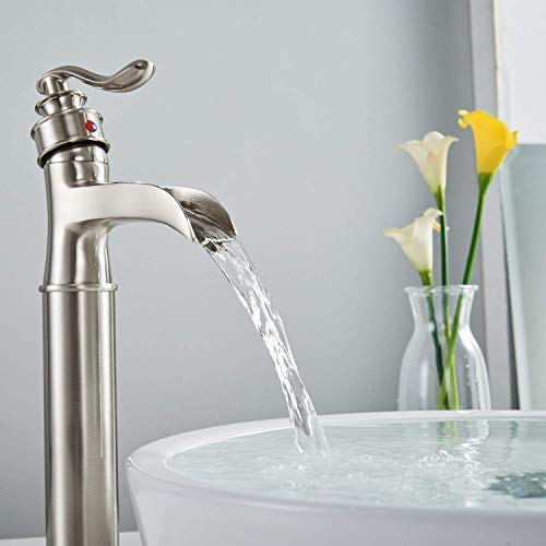 Bathroom Vessel Sink Faucet Waterfall Faucet for Sink 1 Hole | Pop Up Drain None Overflow and Supply Lines Included,Deck Mount,Tall Bowl Sink,Ceramic Cartridge,Solid Brass,Brushed Nickel - color: Brushed Nickel