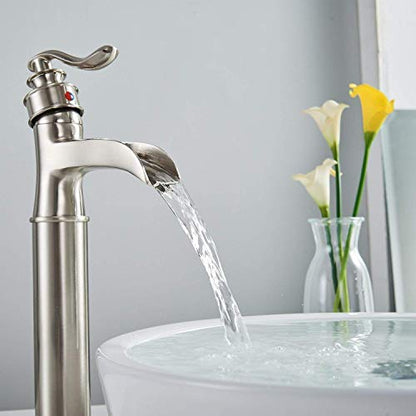 Bathroom Vessel Sink Faucet Waterfall Faucet for Sink 1 Hole | Pop Up Drain None Overflow and Supply Lines Included,Deck Mount,Tall Bowl Sink,Ceramic Cartridge,Solid Brass,Brushed Nickel - color: Brushed Nickel
