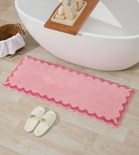 ORTIGIA Long Cute Scalloped Bathroom Rugs Runner, Fun Candy Pink Plush Microfiber Scallop Bath Mats Non Slip Washable Quick Dry Absorbent, Rug Carpet for Bathtub Sink Laundry Room Bedroom, 17x47 - color: Candy Pink, size: 1'5" x 3'11" (Rectangular)