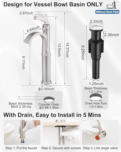 Bathroom Vessel Sink Faucet Brushed Nickel, Brass Tall Waterfall Bathroom Faucet 1 Hole Bathroom Sink Faucet Single Handle Bathroom Faucets with Water Lines Pop-Up Drain - color: Brushed Nickel