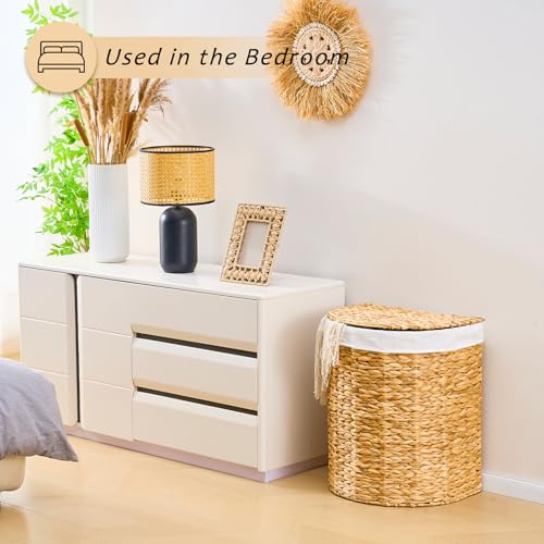 Half Round Wicker Laundry Hamper with Lid and 2 Removable Liner Bags, Handwoven Natural Water Hyacinth Laundry Basket for Dirty Clothes, Natural - color: Natural, size: 90L