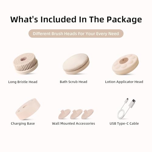 Electric Body Brush, Back Scrubber for Shower with Long Dual Handle, Waterproof Power Shower Brush with 3 Interchangeable Heads & 2 Speeds for Cleansing, Exfoliating and Massage, Nude Pink - color: Nude Pink