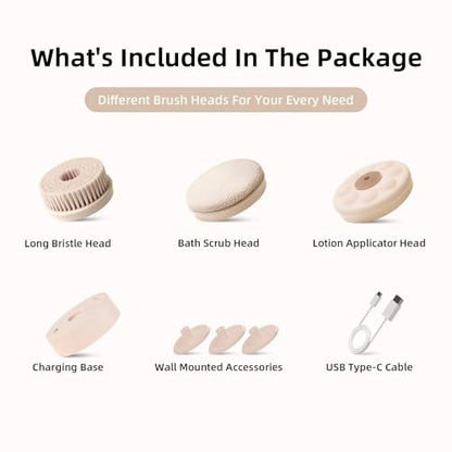 Electric Body Brush, Back Scrubber for Shower with Long Dual Handle, Waterproof Power Shower Brush with 3 Interchangeable Heads & 2 Speeds for Cleansing, Exfoliating and Massage, Nude Pink - color: Nude Pink