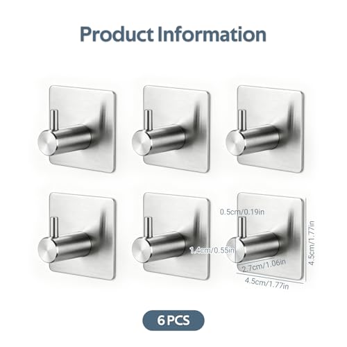 6-Pack Heavy Duty Waterproof Stainless Steel Robe and Towel Hooks - Easy to Install Wall Mounted Stylish Hook Set with Polished Finish for Bathroom and Bedroom Organization