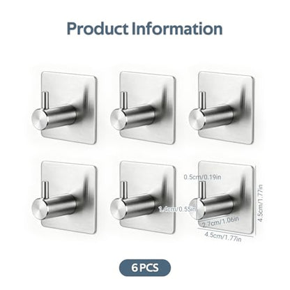 6-Pack Heavy Duty Waterproof Stainless Steel Robe and Towel Hooks - Easy to Install Wall Mounted Stylish Hook Set with Polished Finish for Bathroom and Bedroom Organization