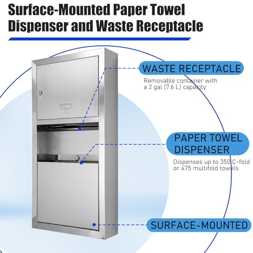 Surface-Mounted Paper Towel Dispenser, 28 x 14 x 4.13 Inch | with Waste Can, Classic Stainless Steel, Receptacle Wall-mounted, for Bathroom Commercial Restrooms - style: Surface-mounted