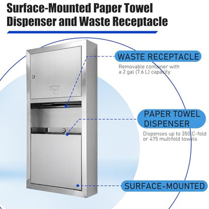 Surface-Mounted Paper Towel Dispenser, 28 x 14 x 4.13 Inch | with Waste Can, Classic Stainless Steel, Receptacle Wall-mounted, for Bathroom Commercial Restrooms - style: Surface-mounted