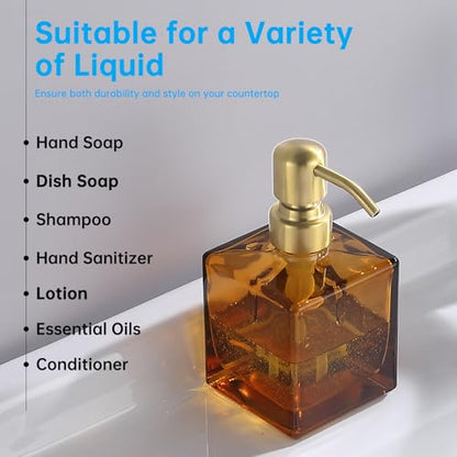 Square Bathroom Soap Dispenser Amber Bottle with Brushed Gold Pump, Retangle Cube 8.4 oz Glass Bottles with Stainless Steel Pump Hand Liquid Soap Dispenser Kitchen - color: Amber Bottle + Gold Pump