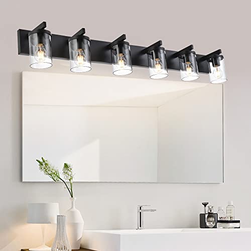 BONLICHT Black Vanity Light Glass Wall Sconce 6 Light Farmhouse Bathroom Light Fixture Over Mirror,Industrial Vintage Bath Lighting Interior Wall Lights Modern Wall Lamp for Dining Room Kitchen Office - color: Black, size: 6 Lights Wall
