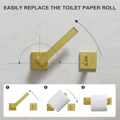 Toilet Paper Holder Wall Mount Brushed Gold Stainless Steel | Toilet Tissue Roll Holder Bathroom Square Toilet Paper Towel Roll Holder Double Post Pivoting Tissue Handle - color: Brushed Goled