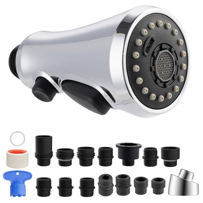 Hibbent Pull Down Kitchen Faucet Head Replacement, NSF/ANSI/CAN 61 & CUPC Certified 3-Function Sink Spray Nozzle with 15 Adapters Compatible with Moen, Delta, Kohler Faucets, Chrome - color: Chrome, style: 1.8 Gallon Per Minute