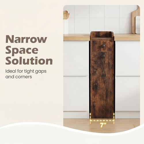 COSTWAY Slim Bathroom Cabinet, Freestanding Narrow Organizer, Rustic Brown | 7" Wide Space-Saving Storage with 2-Tier Slide-Out Drawer, Shelf & Toilet Paper Holder, for Bathroom, Laundry & Small Spaces - color: Rustic Brown