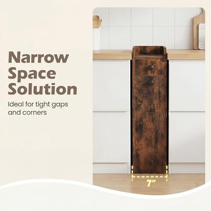 COSTWAY Slim Bathroom Cabinet, Freestanding Narrow Organizer, Rustic Brown | 7" Wide Space-Saving Storage with 2-Tier Slide-Out Drawer, Shelf & Toilet Paper Holder, for Bathroom, Laundry & Small Spaces - color: Rustic Brown