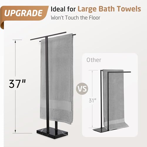 KES 37" Freestanding Towel Rack, Heavy Black Marble Base, Stainless Steel | Natural Veining Marble, Anti-Slip Pads, Rustproof Stainless T-Bars, Stable 8.23 lb Base, No-Drill Setup - color: Black Marble & Black Bar, size: 37" H (Equal-height)