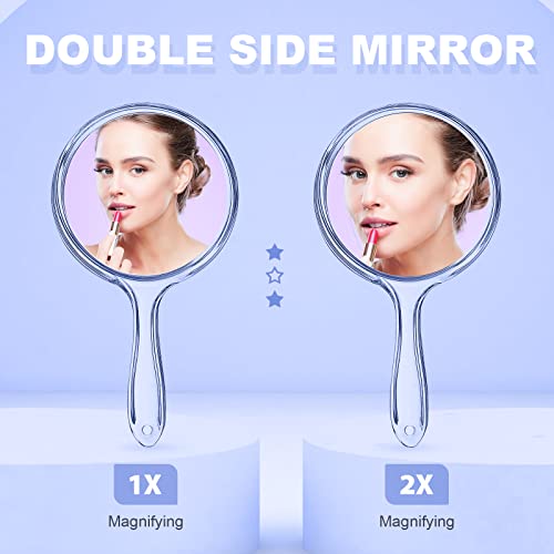 D Hand Mirror with Handle, Blue, Rounded Shape | 1X 2X Magnification, Double Sided, Acrylic, Small Handheld, Makeup Mirror - color: Small Blue