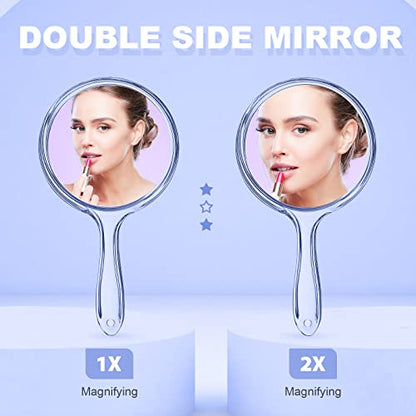 D Hand Mirror with Handle, Blue, Rounded Shape | 1X 2X Magnification, Double Sided, Acrylic, Small Handheld, Makeup Mirror - color: Small Blue