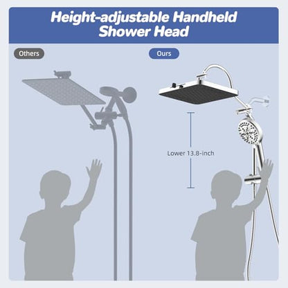 Hibbent Upgraded cUPC Certified 13'' Shower Head Combo, High Pressure 5 Spray Rainfall Showerhead with 10 Spray Modes Handheld, All Metal 3-way Diverter Shower Arm, 71'' Hose and Holder, Chrome - color: Chrome, style: Square 13"