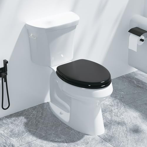 Elongated Slow Close Toilet Seat, Black Wood Toilet Seat Support 400 lbs, Heavy Duty Oval Wood Toilet Lid with Soft Close Chrome Hinges, Grip-Tight Bumpers - Easy to Clean, Quick Assembly - color: Black, size: Elongated Slow Close