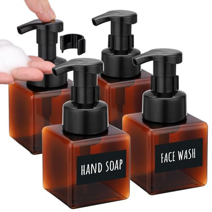 Segbeauty 8.5oz Empty Amber Foaming Soap Dispenser with Labels, 4pcs Shampoo Face Wash Bottles with Foaming Pump, 250ml Square Bathroom Kitchen Foam Liquid Containers, Plastic Hand Soap Dispensers - color: Amber, style: 4pcs 8.5oz