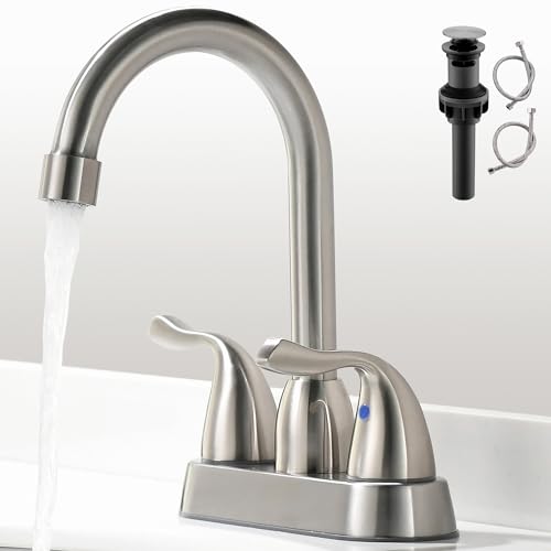 2 Handle Brushed Nickel Bathroom Sink Faucet - 4 Inch Centerset Faucet Bathroom 2 or 3 Hole Lavatory Faucet Bathroom Vanity Sink Faucets with Pop-up Drain and Supply Lines - color: ‎Brushed Nickel
