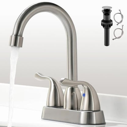 2 Handle Brushed Nickel Bathroom Sink Faucet - 4 Inch Centerset Faucet Bathroom 2 or 3 Hole Lavatory Faucet Bathroom Vanity Sink Faucets with Pop-up Drain and Supply Lines - color: ‎Brushed Nickel