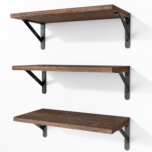 Fixwal Wall Floating Shelves for Home Decor (Brown, Set of 3, 16.5 Inch) | Wood Shelves, Natural Grain, 40Lb Capacity, Sturdy Triangle Brackets, Versatile for Any Room - color: Brown