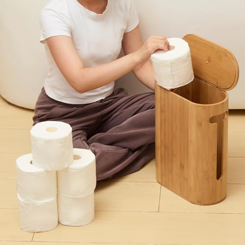 Gobam Bamboo Toilet Paper Storage with Dual-Use Lid, Freestanding Bathroom Tissue Organizer with Viewing Slot, Built-In Handle, Anti-Slip Base, Compact Toilet Paper Holder Stand for up to 6 Mega Rolls - size: 6 Roll - Oval