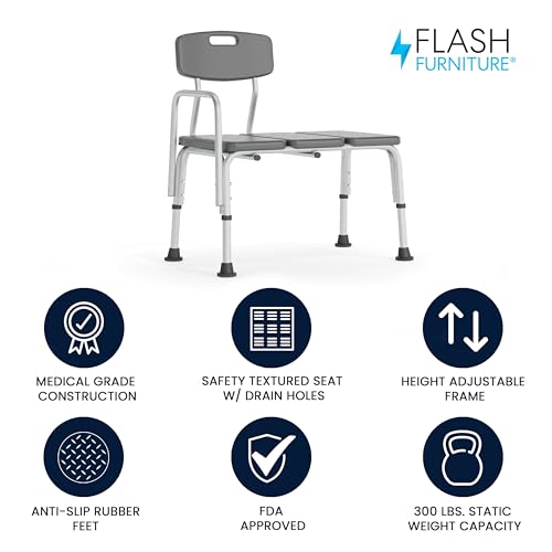 Flash Furniture HERCULES Series 300 Lb. Capacity Adjustable Gray Bath & Shower Transfer Bench with Back and Side Arm - color: Grey