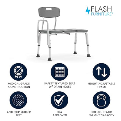 Flash Furniture HERCULES Series 300 Lb. Capacity Adjustable Gray Bath & Shower Transfer Bench with Back and Side Arm - color: Grey