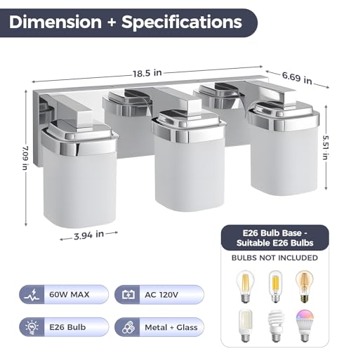 17 Inchs Bathroom Vanity Light, 3-Light Chrome Bathroom Light Fixtures Over Mirror, Bathroom Light Shower Lamp with Milky White Square Glass Shade, Modern Farmhouse Lighting Fixtures - color: Chrome, size: 17 Inch : 3-lights