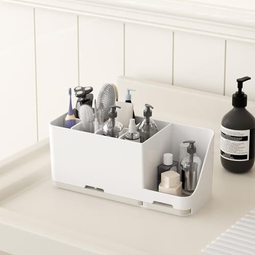 Bathroom Countertop Organizer with Water Absorbent Diatomite,8 Slots Bathroom Toothbrush Holder with Adjustable Dividers,Bathroom Sink Organizer Countertop (White) - color: White