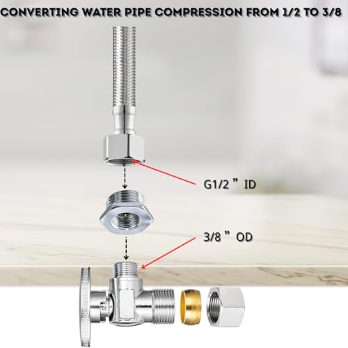 3/8 to 1/2 & 1/2 to 3/8 Faucet Adapter Set, 4 Pack G 1/2 and 3/8 Compression Thread, Nickel Plated Brass Plumbing Reducer Fittings