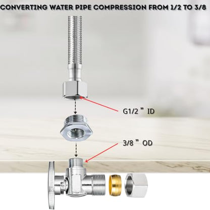 3/8 to 1/2 & 1/2 to 3/8 Faucet Adapter Set, 4 Pack G 1/2 and 3/8 Compression Thread, Nickel Plated Brass Plumbing Reducer Fittings