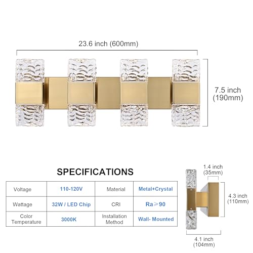 MELUCEE 4 Lights Bathroom Vanity Light Fixtures 3000K Warm Lighting | 23.6 in Modern LED Vanity Lighting Fixture Brass Crystal Vanity Light Bar 32W LED Wall Mounted Lamp Above Mirror Sink - color: Brass, size: 4 Lights